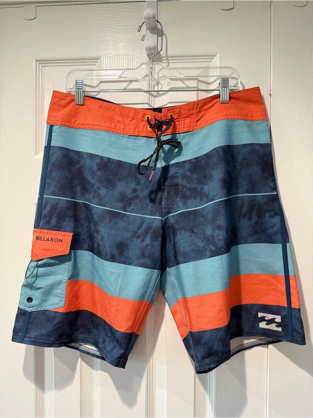Billabong Men’s Orange, Teal & Navy Striped Boardshorts